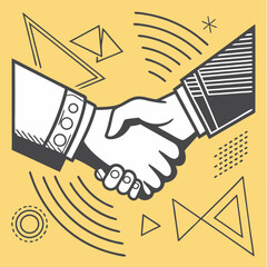 Two hands clasped in a firm handshake, stylized in grayscale with abstract geometric elements on a vibrant yellow background. Concept of support and partnership. Vector .