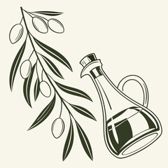 Stylized olive oil bottle in an elegant minimalist graphic style, drawn with dark green lines on a light background. Concept of organic product and culinary art. Vector .
