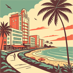 Miami Florida street. Retro poster with Miami beach, american architecture, ocean and silhouette of palm trees. Modern buildings and coastline. Tourism and travel. Cartoon flat vector .