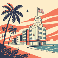 Miami Florida street. Retro poster with Miami beach, american architecture, ocean and silhouette of palm trees. Modern buildings and coastline. Tourism and travel. Cartoon flat vector .