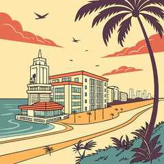 Miami Florida street. Retro poster with Miami beach, american architecture, ocean and silhouette of palm trees. Modern buildings and coastline. Tourism and travel. Cartoon flat vector .