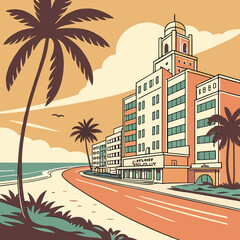 Miami Florida street. Retro poster with Miami beach, american architecture, ocean and silhouette of palm trees. Modern buildings and coastline. Tourism and travel. Cartoon flat vector .
