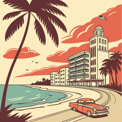 Miami Florida street. Retro poster with Miami beach, american architecture, ocean and silhouette of palm trees. Modern buildings and coastline. Tourism and travel. Cartoon flat vector .