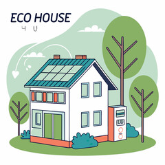 Eco house poster. Building with battery and solar panels. Renewable energy and sustainable lifestyle. Environmentally friendly energy. Landing webpage .