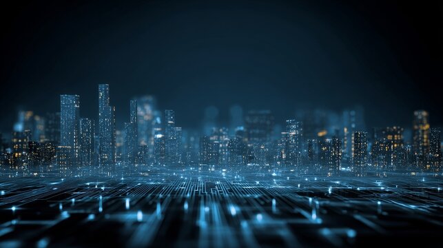 3D render of a neon blue and pink city skyline with skyscrapers, holographic style, vector illustration, on a dark background