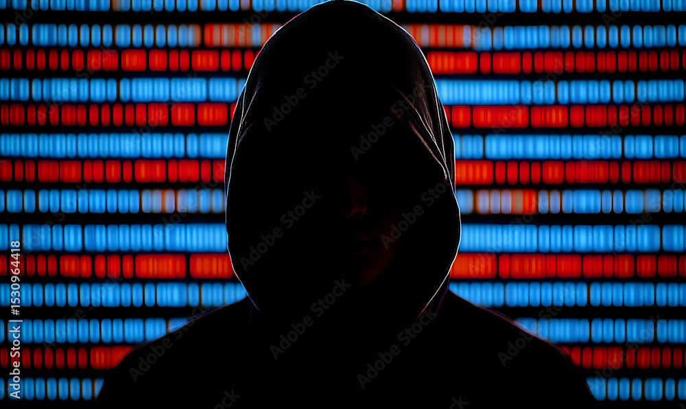 Poster mysterious hooded figure silhouetted against a vibrant backdrop of binary code, symbolizing cybersec