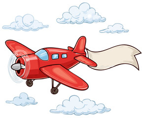 Cute cartoon red airplane pulling a blank banner in the sky, isolated 