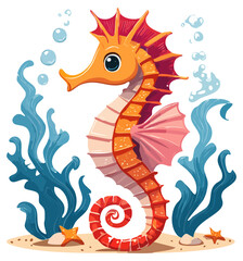 Fototapeta premium Cute cartoon seahorse with plants and bubbles, isolated 