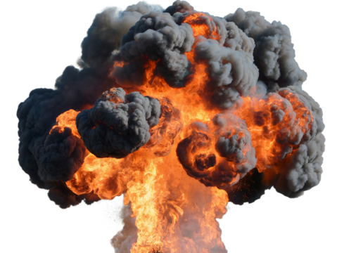 Massive fire explosion with dark smoke and orange flames hot ash heat on transparent background
