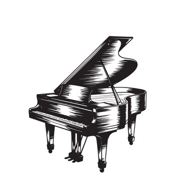 Grand piano engraving black and white outline. Scratch board imitation. illustrated in vintage line art