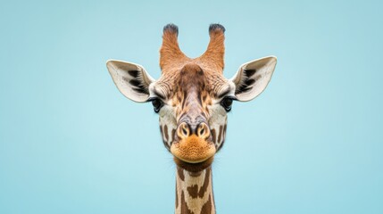 A stunning close-up of a giraffe's face against a calming blue background, showcasing its unique spots and gentle expression that brings instant joy and wonder to viewers.