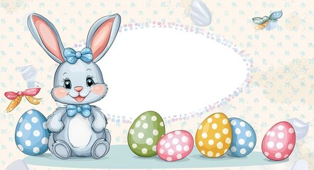 Obraz premium A festive blue card perfect for sending warm Easter wishes, adorned with a cute bunny and various eggs.