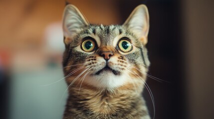 A curious cat peers into the camera with wide, expressive eyes, embodying curiosity and wonder, set against a soft, warm indoor background, creating an inviting atmosphere.