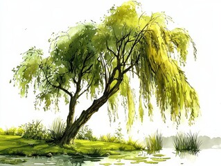 Captivating watercolor art showcasing a weeping willow against a blank canvas.
