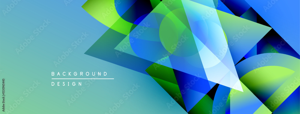 Poster abstract geometric shapes overlap, creating vibrant blue, green gradients. design features text elem