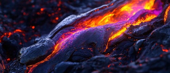 Lava flows illuminate the dark landscape at night