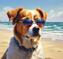 Illustration of funny animal, dog with sunglasses on sandy beach.