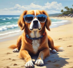 Illustration of funny animal, dog with sunglasses on sandy beach.