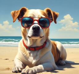 Illustration of funny animal, dog with sunglasses on sandy beach.
