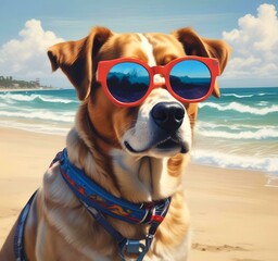 Illustration of funny animal, dog with sunglasses on sandy beach.