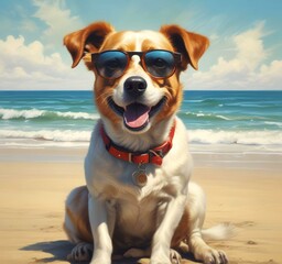 Illustration of funny animal, dog with sunglasses on sandy beach.