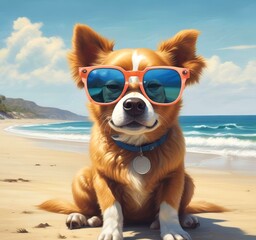 Illustration of funny animal, dog with sunglasses on sandy beach.