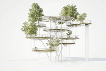 Technical schematic of a forest canopy water collection system showing layered leaf catchers, drip irrigation lines, elevated platforms, and tree-integrated supports in the context of innovative