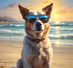 Illustration of funny animal, dog with sunglasses on sandy beach.