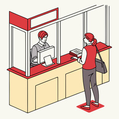 Bank teller concept. Man and woman near plastic partition in bank building. Banking and financial occupation, accountant. Cashier at window counter. Cartoon flat vector .
