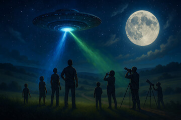 Fototapeta premium World UFO Day Celebration with Glowing Spaceship in Night Sky