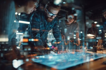 Business Team Collaborating On Interactive Nighttime Display