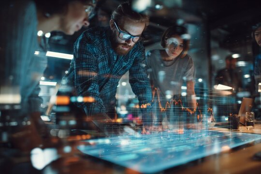 Business Team Collaborating On Interactive Nighttime Display