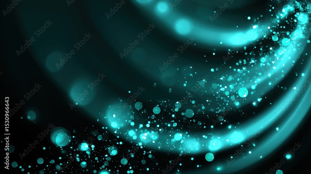 Poster a dynamic abstract image featuring glowing turquoise particles and swirling light streaks on a dark 