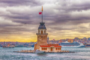 The Maiden's Tower in Istanbul stands proudly amid the Bosphorus, with dramatic skies and cityscape in the background, symbolizing the city's rich history and beauty.