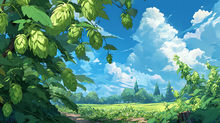 Lush hop garden under a bright blue sky with fluffy clouds and distant trees, evoking serenity
