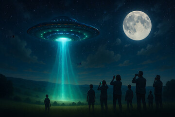 Fototapeta premium World UFO Day Celebration with Glowing Spaceship in Night Sky