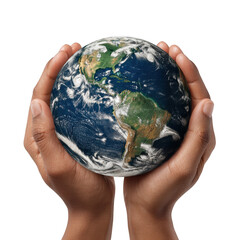 A realistic earth globe held gently in two hands against a plain black studio background close up shot