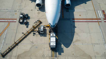Aircraft refueling machine at Boryspil International Airport in Kyiv, Ukraine. Ladder, truck and other equipment on a concrete runway with road markings - top view