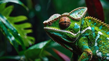 Obraz premium Vibrant Chameleon in Lush Tropical Foliage