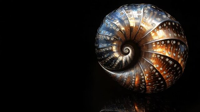 A beautifully illuminated nautilus shell resting on a reflective surface against a dark background
