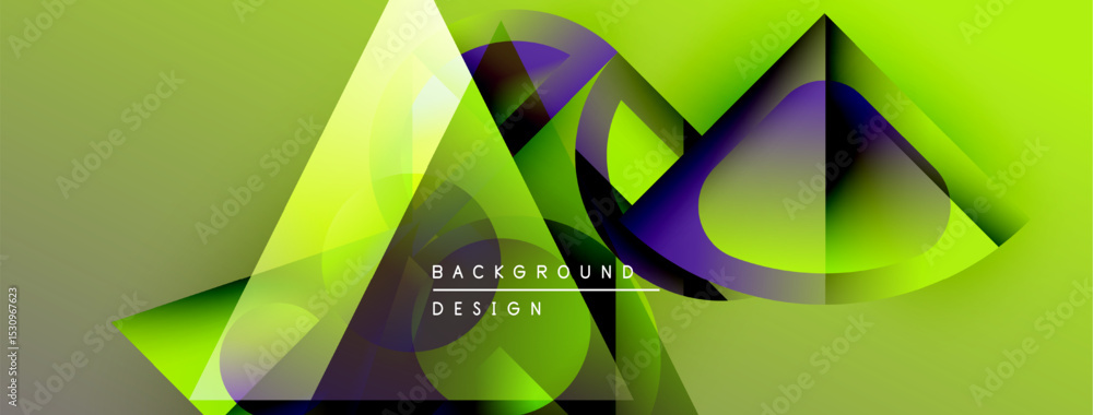 Poster abstract geometric shapes blend vibrant green, purple hues. dynamic composition creates modern backg