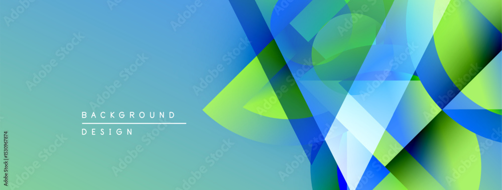 Poster abstract geometric shapes overlap, creating vibrant blue, green gradients. modern design suitable fo