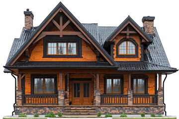 Wooden cottage with dark roof, intricate details