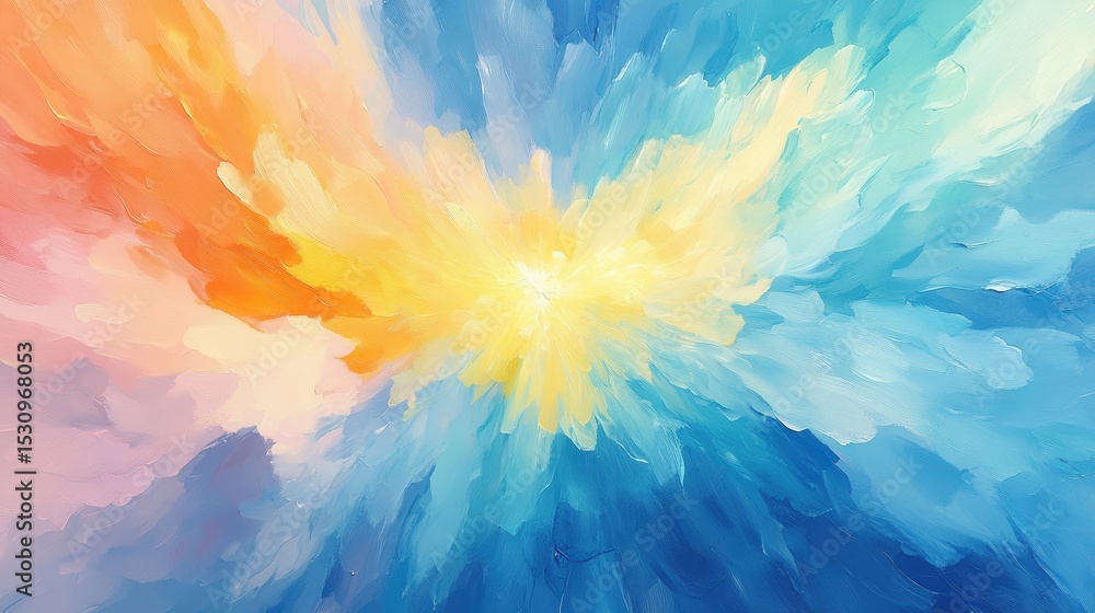 Poster abstract painting with vibrant, swirling colors blending from warm oranges and yellows to cool blues