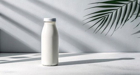 Minimalist White Bottle Mockup in Sunlight Clean Modern Packaging Design for Milk, Juice, or Smoothie Branding and Label Presentation