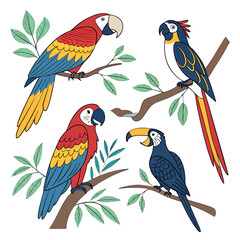 Colorful parrots set. Collection of exotic and tropical birds with bright feathers and beak. Wildlife of jungle and tropical forest. Cartoon flat vector illustrations isolated on white .
