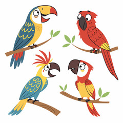 Colorful parrots set. Collection of exotic and tropical birds with bright feathers and beak. Wildlife of jungle and tropical forest. Cartoon flat vector illustrations isolated on white .