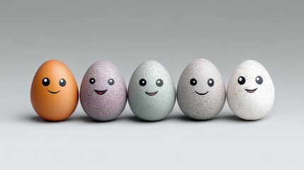 Colorful cartoon-style eggs with smiling faces arranged in a row on a soft gray background, showcasing playful expressions and vibrant colors, ideal for festive themes and creative projects