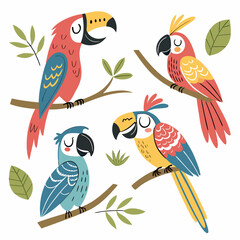 Colorful parrots set. Collection of exotic and tropical birds with bright feathers and beak. Wildlife of jungle and tropical forest. Cartoon flat vector illustrations isolated on white .