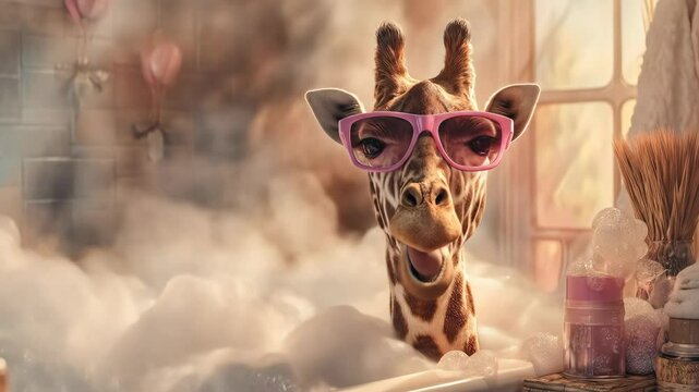 Playful giraffe in a bubble bath with pink sunglasses funny animal portrait for commercial or editorial use - Powered by Adobe
